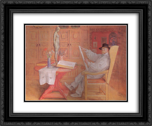 Self Portrait in the Studio 24x20 Black Ornate Wood Framed Art Print Poster with Double Matting by Larsson, Carl