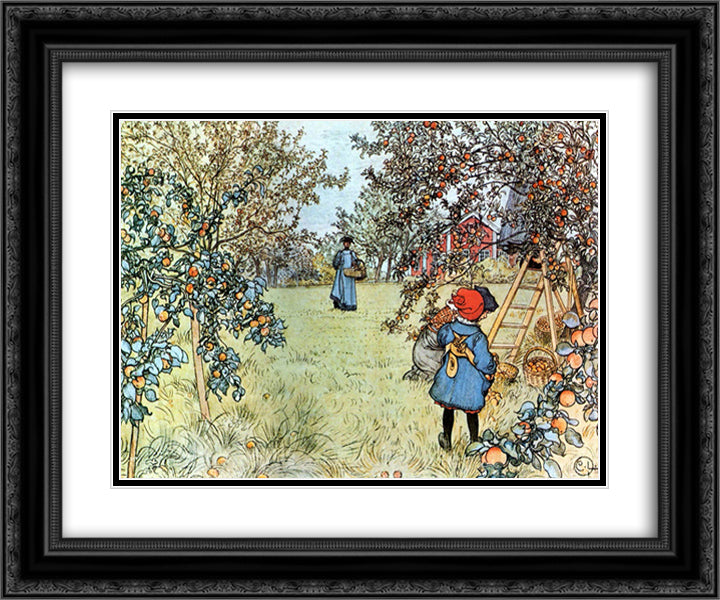 The Apple Harvest 24x20 Black Ornate Wood Framed Art Print Poster with Double Matting by Larsson, Carl