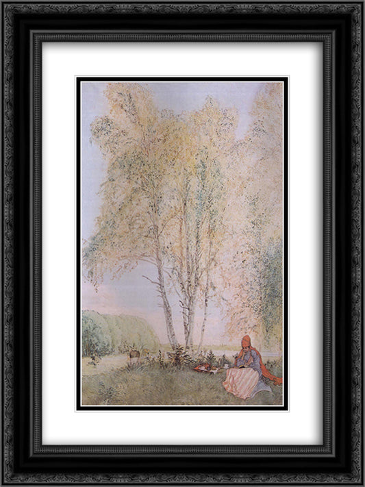 Under the Birches 18x24 Black Ornate Wood Framed Art Print Poster with Double Matting by Larsson, Carl