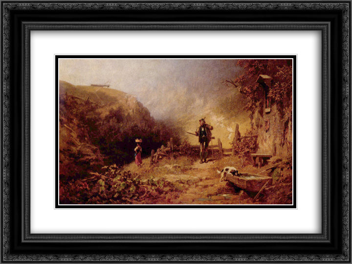 A hunter looking to a young girl 24x18 Black Ornate Wood Framed Art Print Poster with Double Matting by Spitzweg, Carl