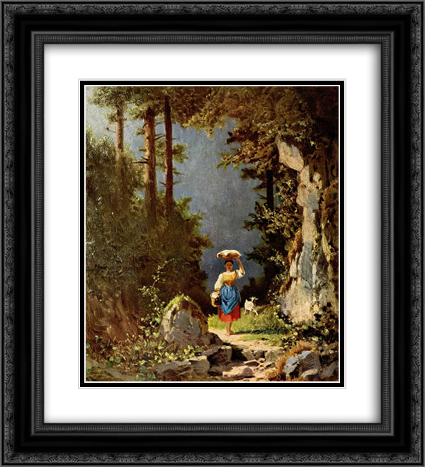 Girl with goat 20x22 Black Ornate Wood Framed Art Print Poster with Double Matting by Spitzweg, Carl