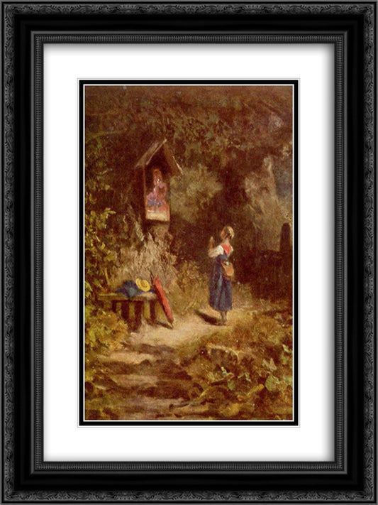 Praying peasant girl in the woods 18x24 Black Ornate Wood Framed Art Print Poster with Double Matting by Spitzweg, Carl