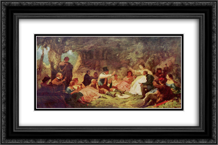 The Picnic 24x16 Black Ornate Wood Framed Art Print Poster with Double Matting by Spitzweg, Carl