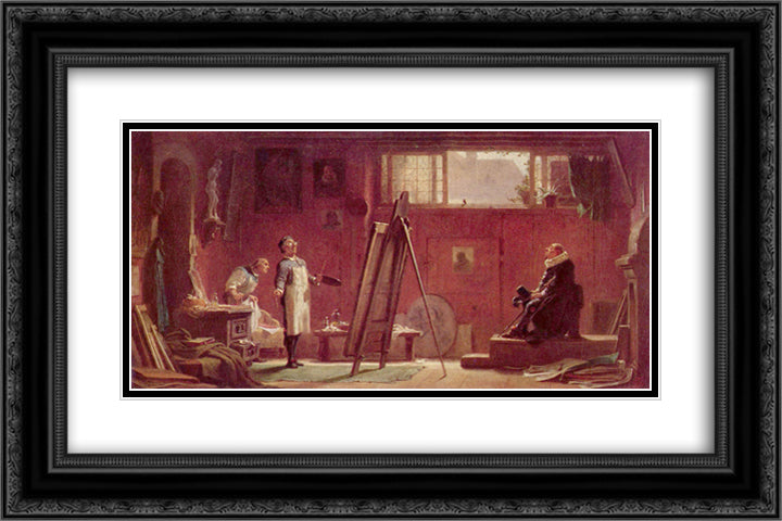 The portrait painter 24x16 Black Ornate Wood Framed Art Print Poster with Double Matting by Spitzweg, Carl