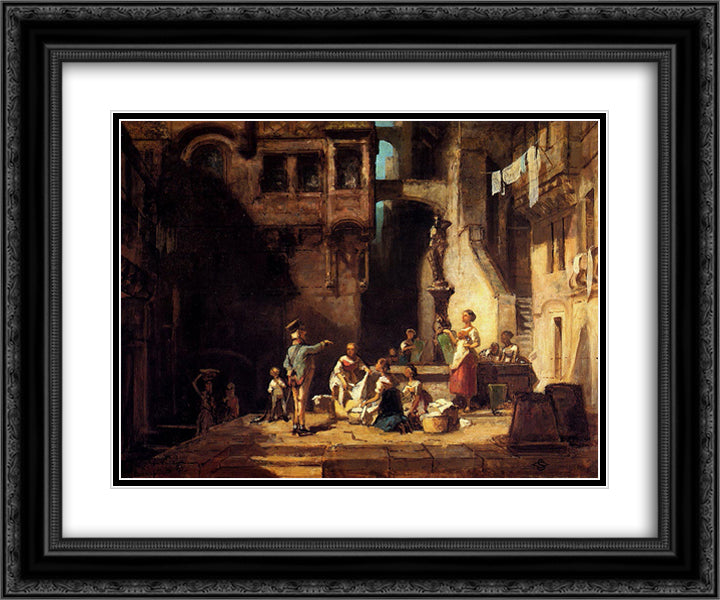 Washerwomen at the Well 24x20 Black Ornate Wood Framed Art Print Poster with Double Matting by Spitzweg, Carl