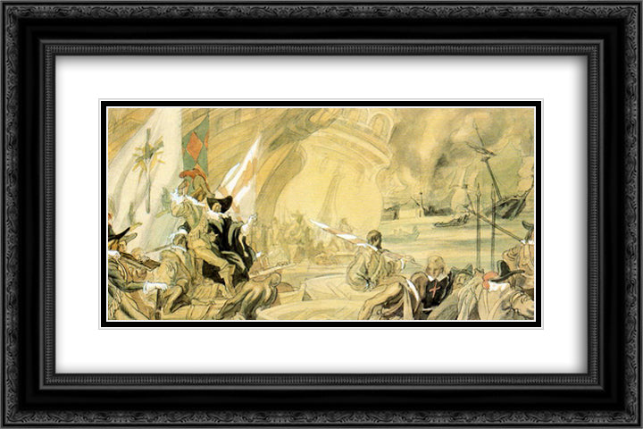 Sketch for one of the murals of the Army 24x16 Black Ornate Wood Framed Art Print Poster with Double Matting by Tejada, Carlos Saenz de