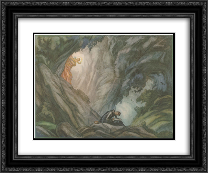 The Life of St. Ignatius Loyola. Plate 2. Ignatius writes the Spiritual Exercises in the cave at Manresa. Art Print by Carlos Saenz de Tejada 20x24 Black Ornate Wood Framed Art Print Poster with Double Matting by Tejada, Carlos Saenz de