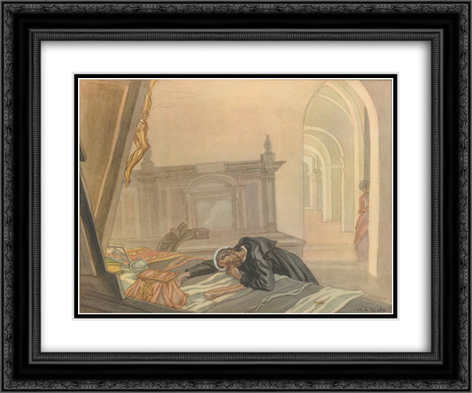 The Life of St. Ignatius Loyola. Plate 8. Before saying Mass, Ignatius is overcome with tears. 24x20 Black Ornate Wood Framed Art Print Poster with Double Matting by Tejada, Carlos Saenz de