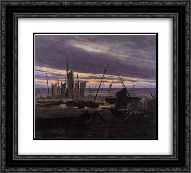 Boats in the Harbour at Evening 22x20 Black Ornate Wood Framed Art Print Poster with Double Matting by Friedrich, Caspar David