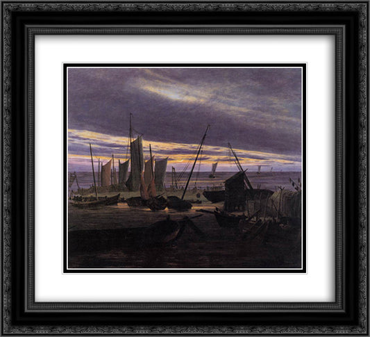 Boats in the Harbour at Evening 22x20 Black Ornate Wood Framed Art Print Poster with Double Matting by Friedrich, Caspar David