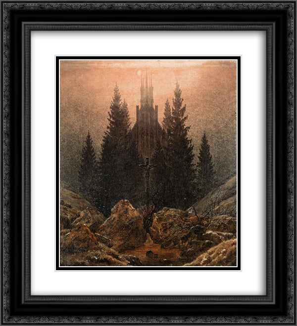 Cross and church in the mountains 20x22 Black Ornate Wood Framed Art Print Poster with Double Matting by Friedrich, Caspar David