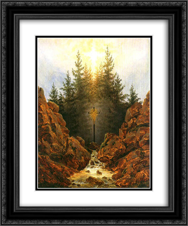 Cross in the forrest 20x24 Black Ornate Wood Framed Art Print Poster with Double Matting by Friedrich, Caspar David