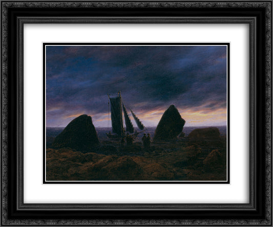 Fishing boat between two rocks on the beach of the Baltic Sea 24x20 Black Ornate Wood Framed Art Print Poster with Double Matting by Friedrich, Caspar David