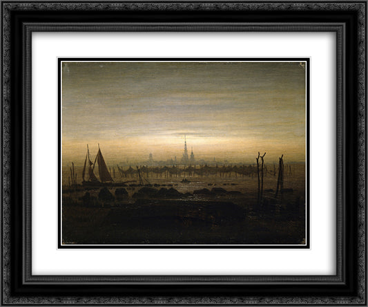 Greifswald in moonlight 24x20 Black Ornate Wood Framed Art Print Poster with Double Matting by Friedrich, Caspar David