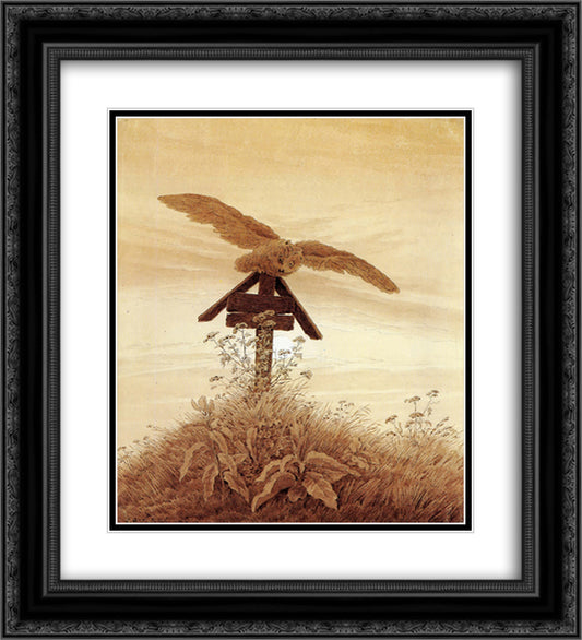 Owl on a grave 20x22 Black Ornate Wood Framed Art Print Poster with Double Matting by Friedrich, Caspar David