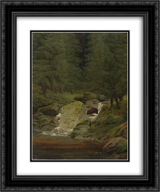 Pines at the waterfall 20x24 Black Ornate Wood Framed Art Print Poster with Double Matting by Friedrich, Caspar David