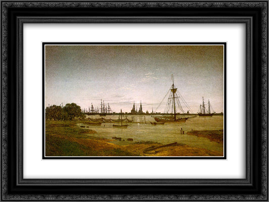 Port by Moonlight 24x18 Black Ornate Wood Framed Art Print Poster with Double Matting by Friedrich, Caspar David