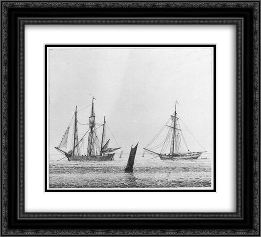 Sea with ships 22x20 Black Ornate Wood Framed Art Print Poster with Double Matting by Friedrich, Caspar David