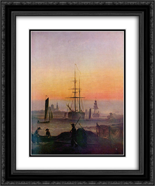 Ships at the port of Greifswald 20x24 Black Ornate Wood Framed Art Print Poster with Double Matting by Friedrich, Caspar David