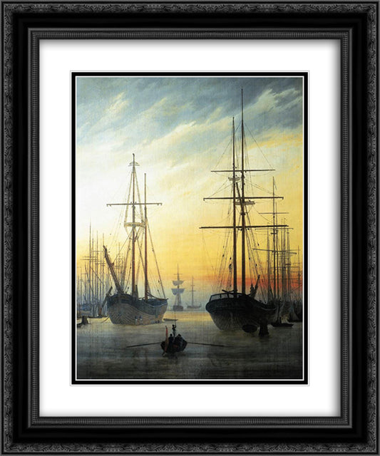 View of a harbour 20x24 Black Ornate Wood Framed Art Print Poster with Double Matting by Friedrich, Caspar David