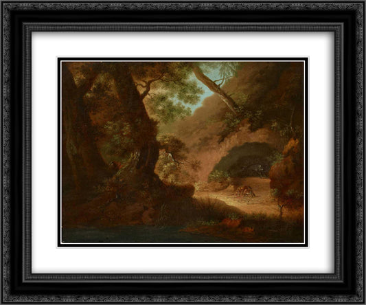 Wolves in the forrest in front of a cave 24x20 Black Ornate Wood Framed Art Print Poster with Double Matting by Friedrich, Caspar David