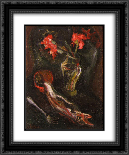 Flowers and Fish 20x24 Black Ornate Wood Framed Art Print Poster with Double Matting by Soutine, Chaim