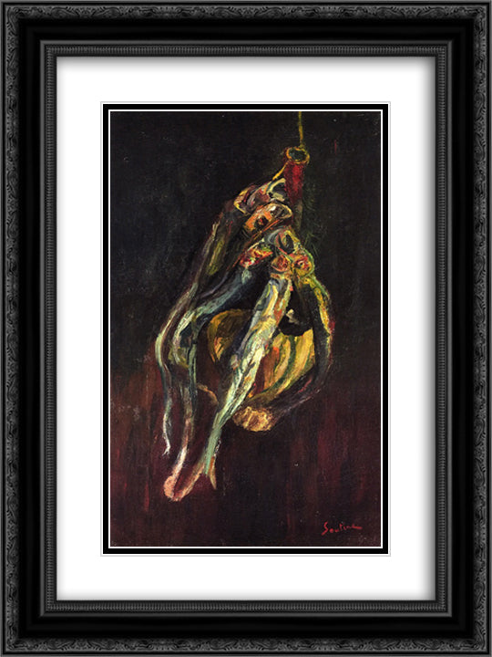 Herrings and a Bottle of Chianti 18x24 Black Ornate Wood Framed Art Print Poster with Double Matting by Soutine, Chaim