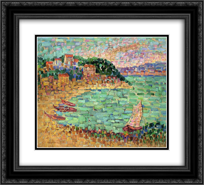 Le Petit Port 22x20 Black Ornate Wood Framed Art Print Poster with Double Matting by Angrand, Charles