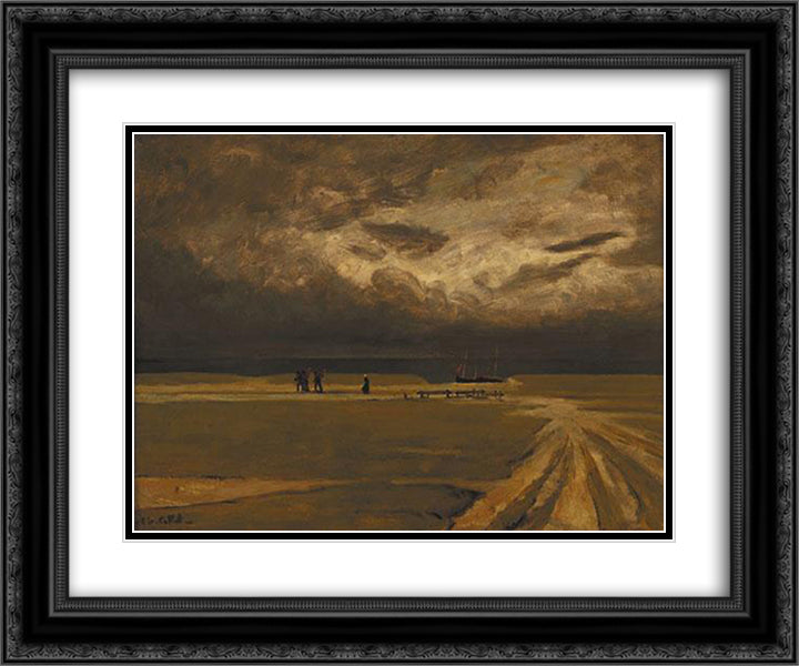 Fishermen fleeing the storm 24x20 Black Ornate Wood Framed Art Print Poster with Double Matting by Cottet, Charles