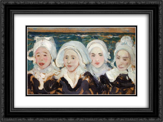 Four Breton Women at the Seashore 24x18 Black Ornate Wood Framed Art Print Poster with Double Matting by Cottet, Charles