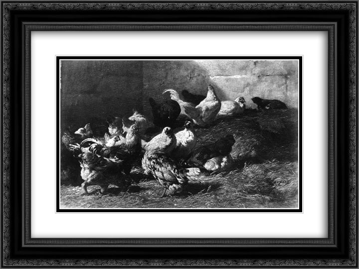 Chickens 24x18 Black Ornate Wood Framed Art Print Poster with Double Matting by Jacque, Charles