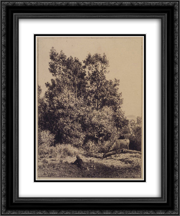 Landscape with Cows 20x24 Black Ornate Wood Framed Art Print Poster with Double Matting by Jacque, Charles
