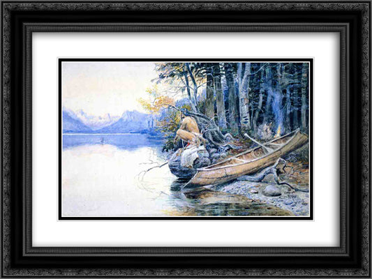 A Campsite by the Lake 24x18 Black Ornate Wood Framed Art Print Poster with Double Matting by Russell, Charles M.