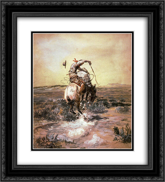 A Slick Rider 20x22 Black Ornate Wood Framed Art Print Poster with Double Matting by Russell, Charles M.