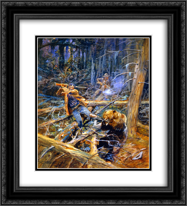 A Wounded Grizzly 20x22 Black Ornate Wood Framed Art Print Poster with Double Matting by Russell, Charles M.