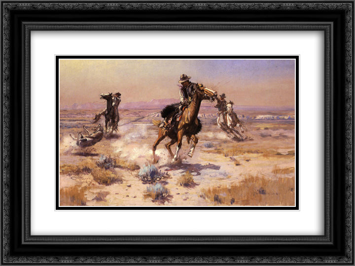 At Rope's End 24x18 Black Ornate Wood Framed Art Print Poster with Double Matting by Russell, Charles M.