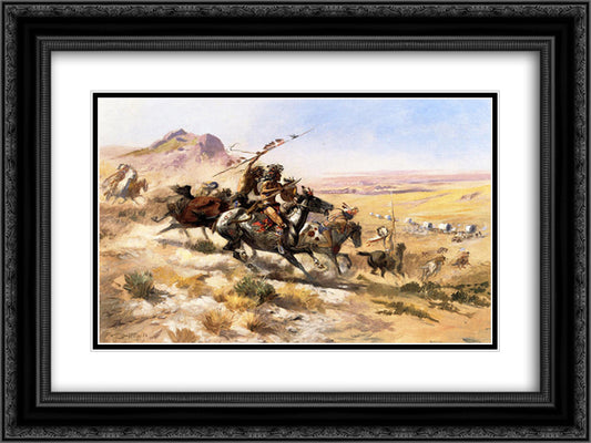 Attack on a Wagon Train 24x18 Black Ornate Wood Framed Art Print Poster with Double Matting by Russell, Charles M.