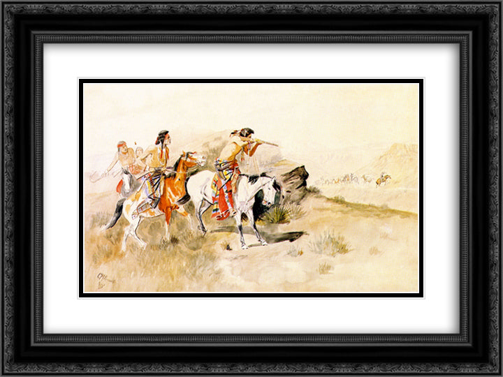 Attack on Muleteers 24x18 Black Ornate Wood Framed Art Print Poster with Double Matting by Russell, Charles M.