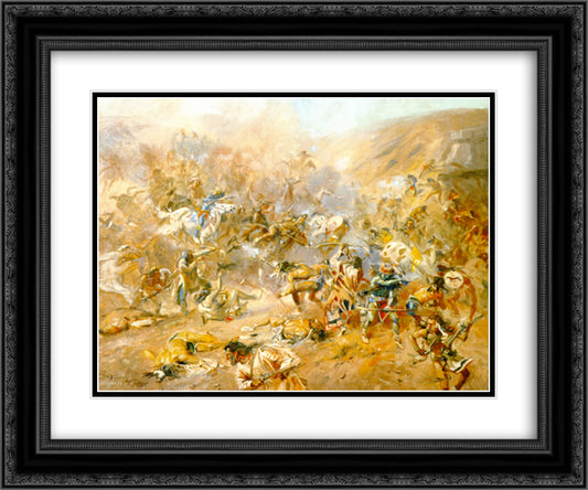 Battle of Belly River 24x20 Black Ornate Wood Framed Art Print Poster with Double Matting by Russell, Charles M.