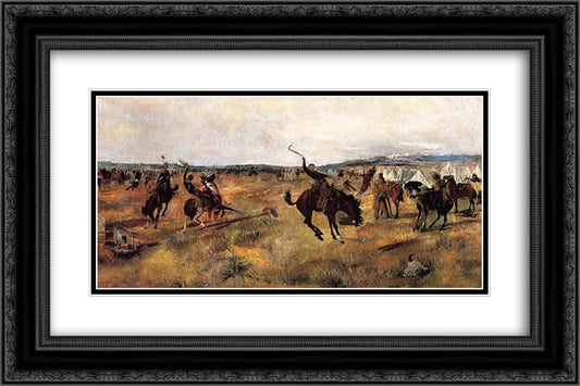 Breaking Camp 24x16 Black Ornate Wood Framed Art Print Poster with Double Matting by Russell, Charles M.