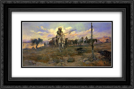 Bringing Home the Spoils 24x16 Black Ornate Wood Framed Art Print Poster with Double Matting by Russell, Charles M.