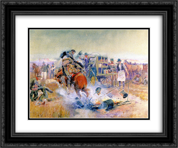 Bronc for Breakfast 24x20 Black Ornate Wood Framed Art Print Poster with Double Matting by Russell, Charles M.