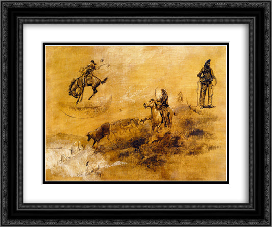 Bronco Busting. Driving In 24x20 Black Ornate Wood Framed Art Print Poster with Double Matting by Russell, Charles M.