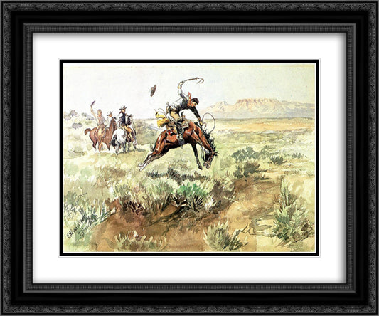 Bronco Busting 24x20 Black Ornate Wood Framed Art Print Poster with Double Matting by Russell, Charles M.