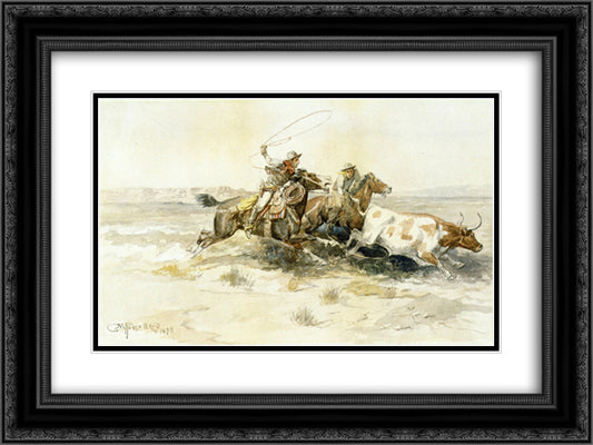 Bronk in a Cow Camp 24x18 Black Ornate Wood Framed Art Print Poster with Double Matting by Russell, Charles M.