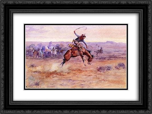 Bucking Bronco 24x18 Black Ornate Wood Framed Art Print Poster with Double Matting by Russell, Charles M.