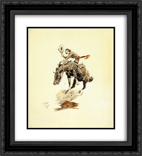 Bucking Horse and Cowgirl 20x22 Black Ornate Wood Framed Art Print Poster with Double Matting by Russell, Charles M.