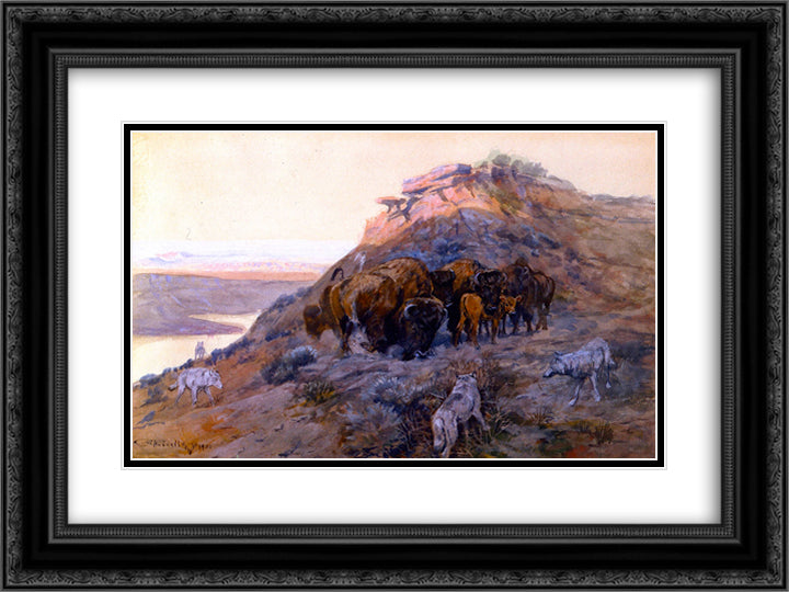 Buffalo Herd at Bay 24x18 Black Ornate Wood Framed Art Print Poster with Double Matting by Russell, Charles M.