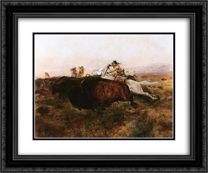 Buffalo Hunt # 10 24x20 Black Ornate Wood Framed Art Print Poster with Double Matting by Russell, Charles M.