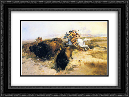 Buffalo Hunt 24x18 Black Ornate Wood Framed Art Print Poster with Double Matting by Russell, Charles M.